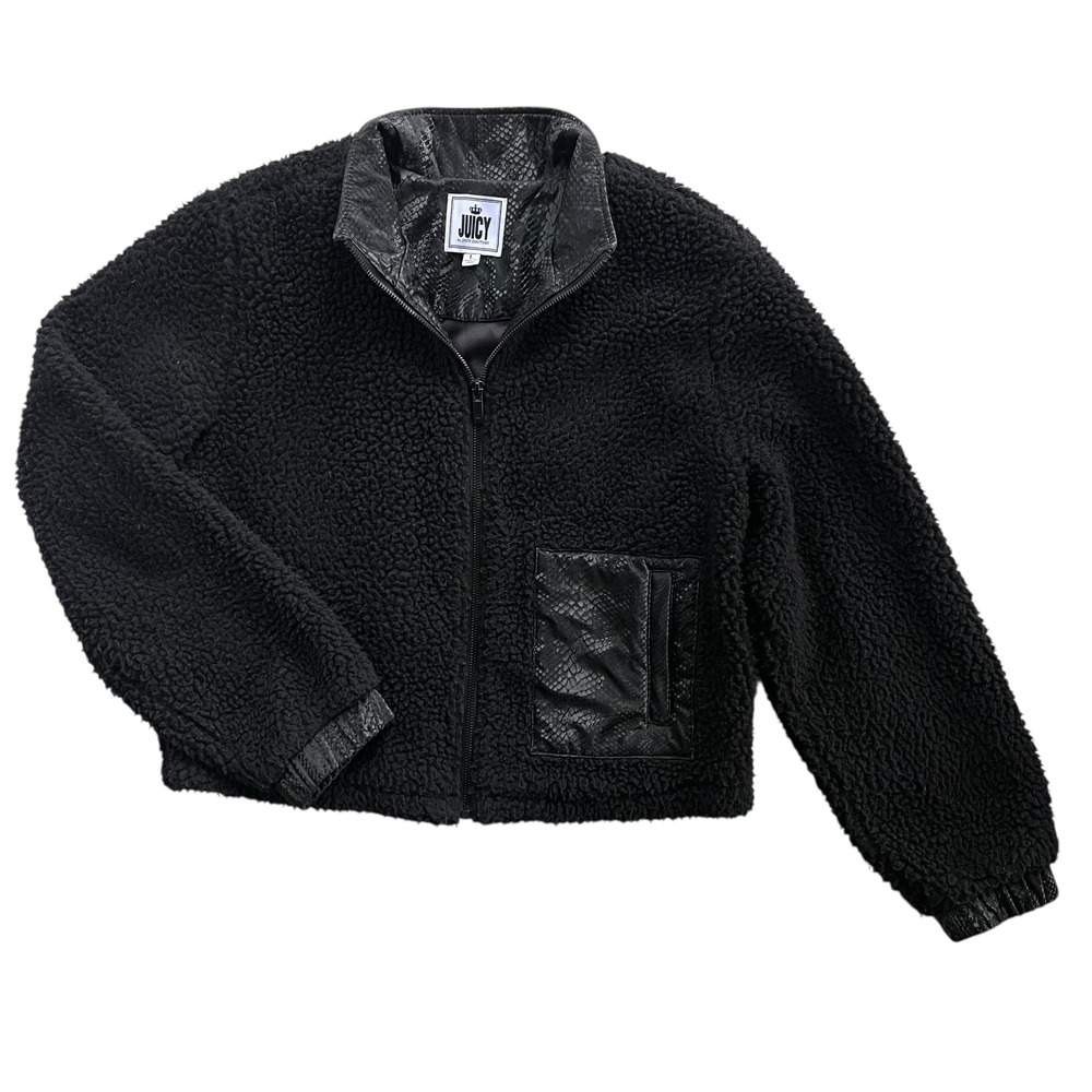 Juicy Couture Womens L Black Sherpa Fleece Faux Snakeskin Trim Zip Bomber Jacket